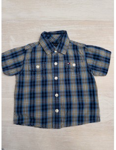 camisa cuadros azules y lineas mostaza