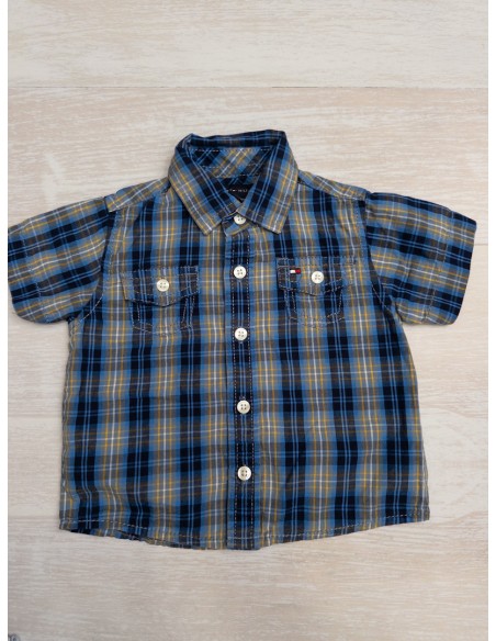 camisa cuadros azules y lineas mostaza