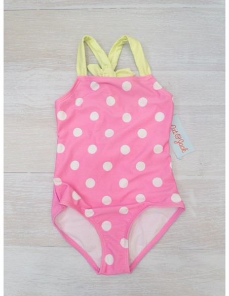 pantalon de baño rosado con bolas blanca