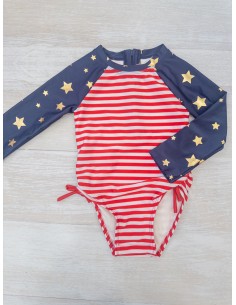 pantalon de baño rayas azules rojas con mangas estrellas