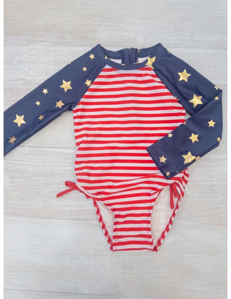 pantalon de baño rayas azules rojas con mangas estrellas