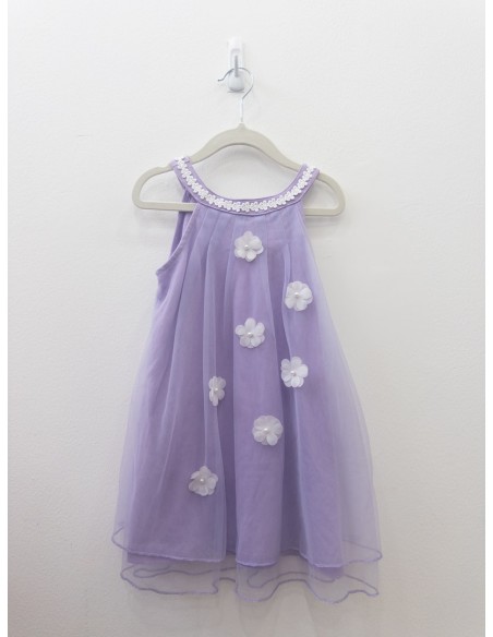 vestido morado con tul y flores