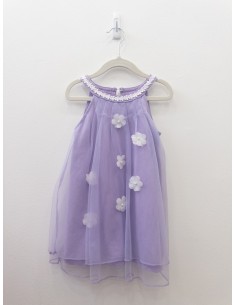 vestido morado con tul y flores