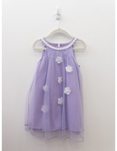 vestido morado con tul y flores