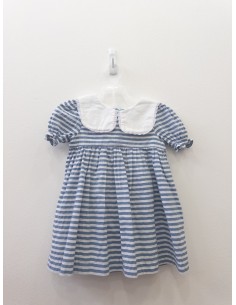 vestido rayas celestes, cuello bandeja blanco