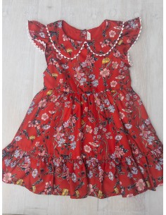 vestido rojo con flores amarillas, rosadas