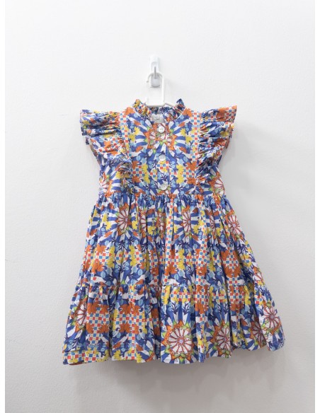 vestido flores azules amarillos y naranjas