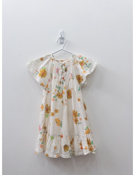 vestido beige con flores mostazas y rosadas