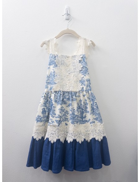 vestido lino con print dibujos azules