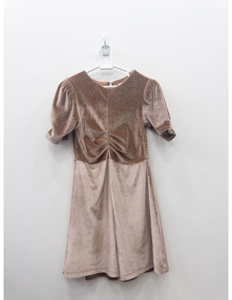 vestido gamuza cafe con brillos dorados