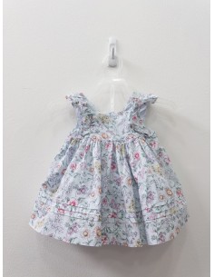 vestido celeste con flores rosadas y amarillas