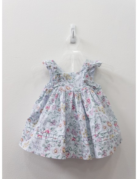 vestido celeste con flores rosadas y amarillas