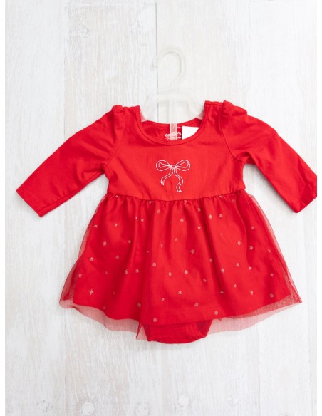 vestido rojo con lazo y estrellas plateadas