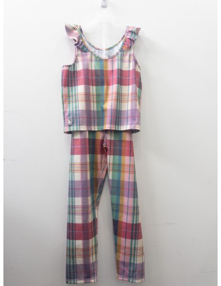 set pantalon y top cuadros morados, rosados, verdes