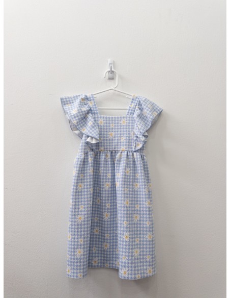 vestido cuadros celestes y margaritas