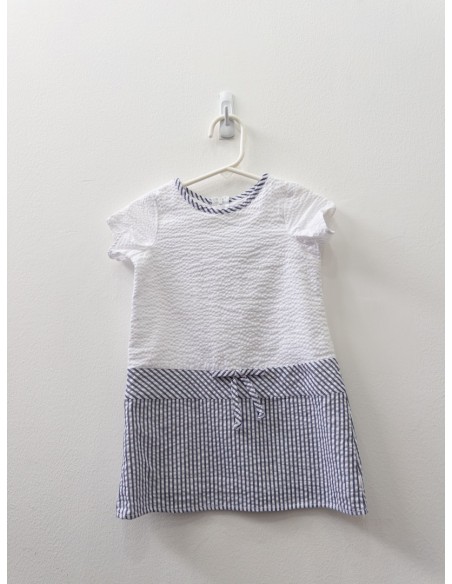 vestido abajo rayas azules hilos plateads, top blanco