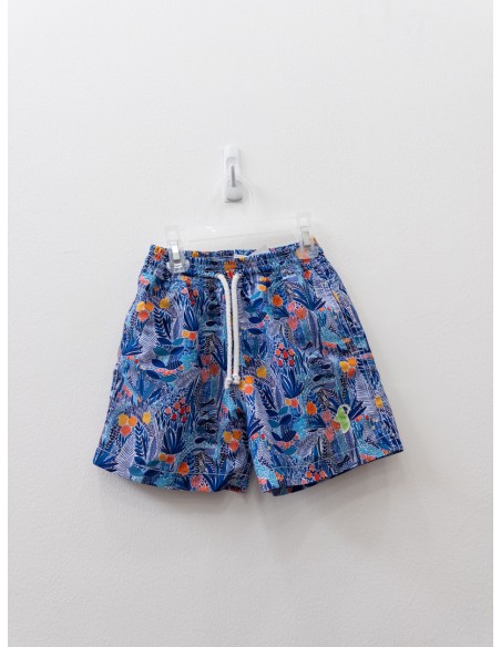 pantalon de bano azul con flores naranja y coral