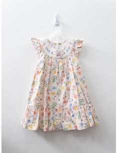 vestido salmon con flores samon y mariposas azules