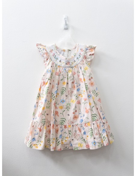 vestido salmon con flores samon y mariposas azules