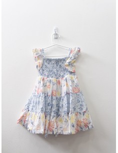 vestido celeste con flores azules rosado y amarillo