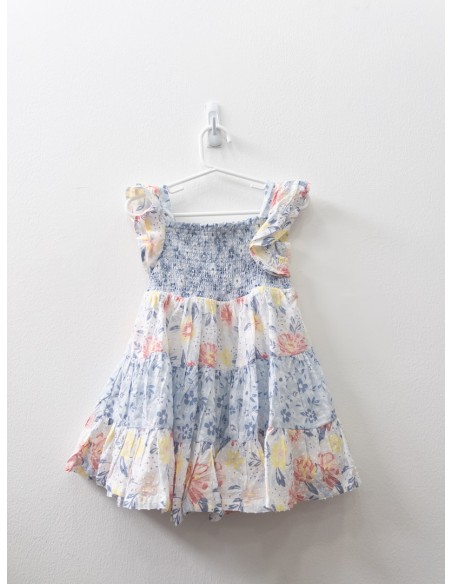 vestido celeste con flores azules rosado y amarillo