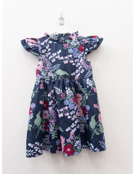 vestido azul oscuro con flores rojas y moradas