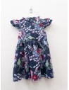 vestido azul oscuro con flores rojas y moradas