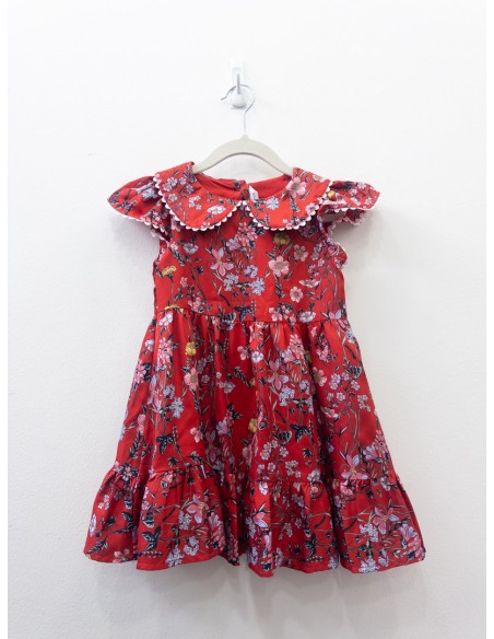 vestido rojo con flores rosados, y hojas negros