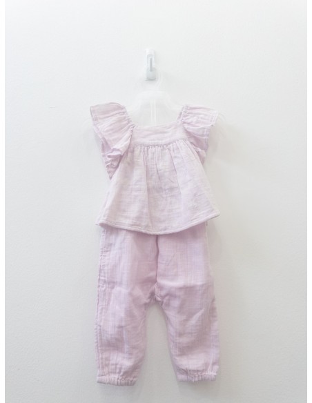 set pantalon y top lila con flores blancas