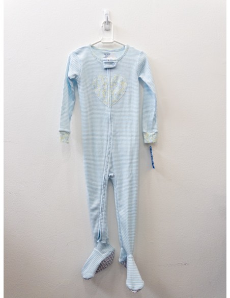 pijama rayas celestes con corazon con flores celestes y amarillas