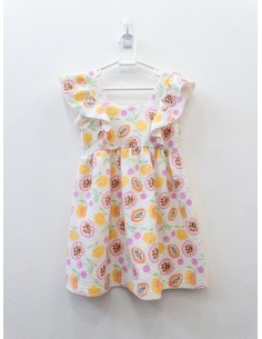 vestido blanco con frutas rosadas y amarillas