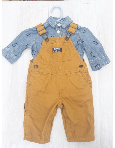set camisa denim con pinguinos y mameluco cafe