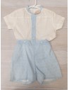 enterizo short rosado con camisa blanca con puntos celestes