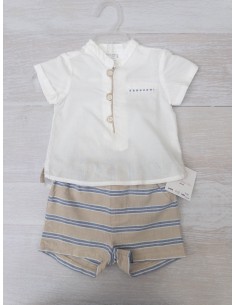 set short beige rayas celestes y top blanco detalles beige