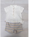set short beige rayas celestes y top blanco detalles beige