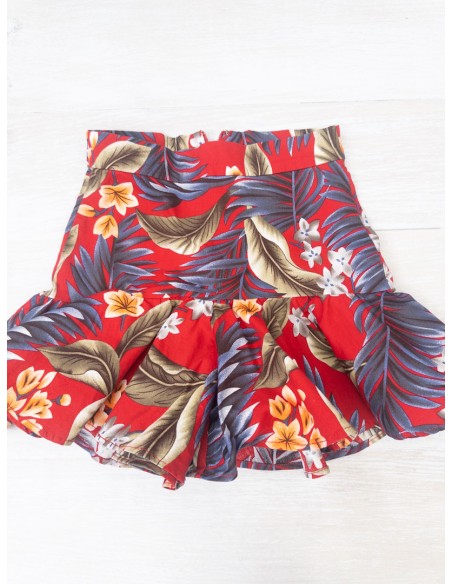 set rojo con flores azules