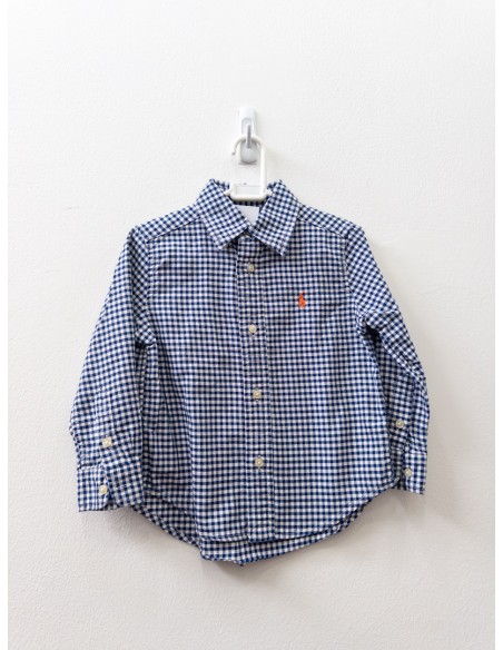 camisa  manga larga cuadros azules y blancos logo naranja