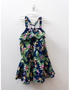 vestido azul con monos y loros
