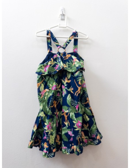 vestido azul con monos y loros