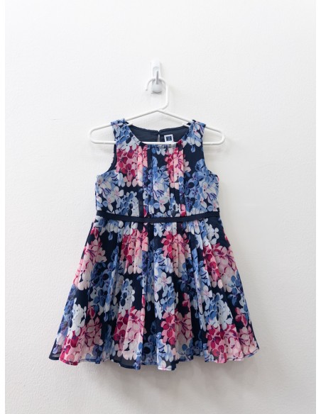 vestido azul con flores fucsias y azules