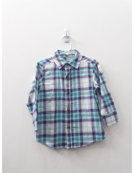 camisa manga larga cuadros turquesa, azules y concho de vino