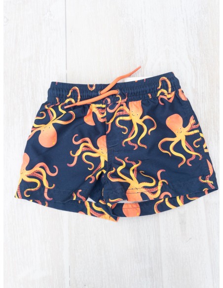 pantalon de bano azul con pulpos naranja