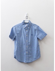 camisa manga corta celeste con cuadros verde y rosado