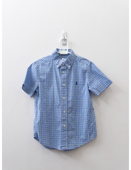 camisa manga corta celeste con cuadros verde y rosado