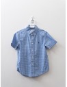 camisa manga corta celeste con cuadros verde y rosado