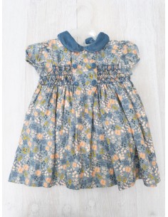 vestido turquesa con cuello gamuza con flores salmon
