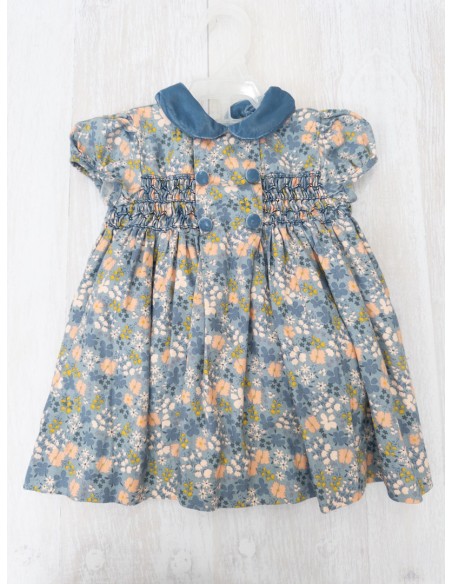 vestido turquesa con cuello gamuza con flores salmon
