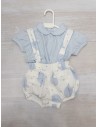 set enterizo blanco con ovejas celestes y rop rayas celestes, corre pequeno