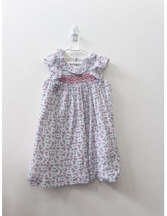 vestido blanco con florcitas rojas y hojas azules