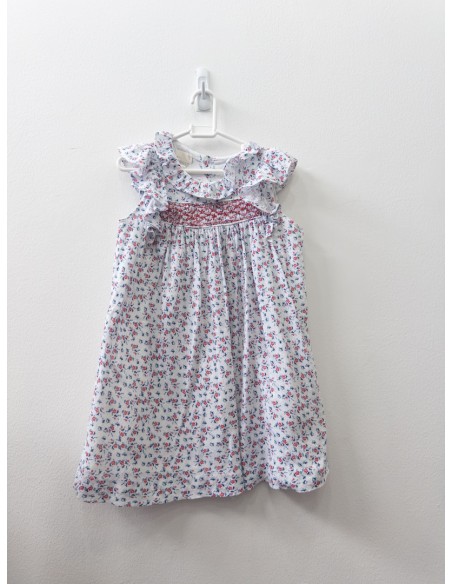 vestido blanco con florcitas rojas y hojas azules